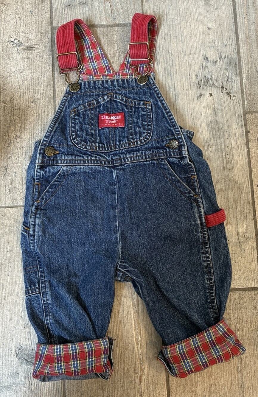 Vtg OshKosh B'Gosh Plaid Lined Denim Overalls 12M Red Corduroy Straps Y2K